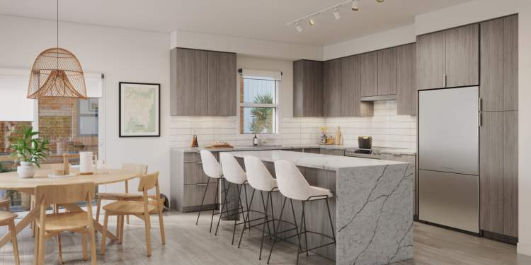 Family-size kitchen island, full-depth pantry, stainless steel appliances, and custom millwork.